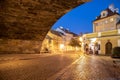 PRAGUE, CZECH REPUBLIC - AUGUST 17, 2018: Evening on Kampa Island with cobbled street illuminated by streer lamps