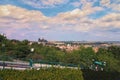 Landscape photo of Prague Castle with saint Vitus Cathedral View from Petrin Hill funicular tram station by summer sunny day.