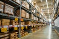 Prague, Czech republic - August 6, 2023: Long shelves with many cardboard boxes with product in warehouse of IKEA