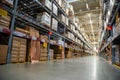 Prague, Czech republic - August 6, 2023: Long shelves with many cardboard boxes with product in warehouse of IKEA