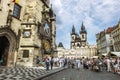 Old town square, town hall with orloy and Tyn Church in Prague