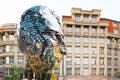 PRAGUE, CZECH REPUBLIC - AUGUST 17, 2018: Statue of Franz Kafka. Glossy metal mechanical sculpture of famous Czech Royalty Free Stock Photo