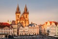 PRAGUE, CZECH REPUBLIC - 19 August, 2017: Sunset view of Prague old town square filled with people