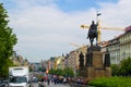 Prague, Czech Republic; 5/17/2019: Back view of the equestrian statue of Saint Wenceslas in Wenceslas Square Royalty Free Stock Photo