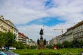 Prague, Czech Republic; 5/17/2019: Back view of the equestrian statue of Saint Wenceslas in Wenceslas Square Royalty Free Stock Photo
