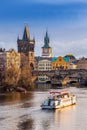 Prague, Czech Republic - Beautiful golden sunset and blue sky at the world famous Charles Bridge Karluv most Royalty Free Stock Photo