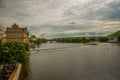 Prague, Czech Republic: Beautiful view of the old town. Panoramic landscape with houses, churches, trees and a river