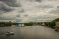 Prague, Czech Republic: Beautiful view of the old town. Panoramic landscape with houses, churches, trees and a river