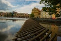 Prague, Czech Republic: Beautiful view of the old town. Panoramic landscape with houses, churches, trees and a river