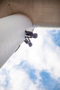 Prague. Czech Republic - 12.03.2020: Bottom view of Zizkov television tower with unique baby sculpture, Prague, Czech Republic Royalty Free Stock Photo