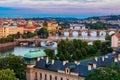 Prague, Czech Republic bridges panorama with historic Charles Bridge and Vltava river at night. Pargue at dusk, view of the Lesser Royalty Free Stock Photo