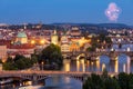 Prague, Czech Republic bridges panorama with historic Charles Bridge and Vltava river at night. Pargue at dusk, view of the Lesser Royalty Free Stock Photo