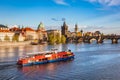 Prague, Czech Republic. Charles Bridge, boat cruise on Vltava river Royalty Free Stock Photo