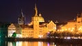 Prague, Czech Republic. Charles Bridge and Hradcany with St. Vitus Cathedral and St. George church evening dusk, Bohemia