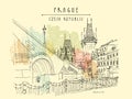 Prague, Czech Republic. Charles Bridge Karluv Most. Prague famous landmark. Travel sketch. Horizontal hand drawn vintage