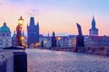 Prague, Czech Republic. Charles Bridge at sunrise, Old Town Bridge Tower in the background Royalty Free Stock Photo