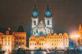 Prague, Czech Republic. Church Of Our Lady Before Tyn In Old Town Square At Night Street Illumination Lights Royalty Free Stock Photo