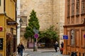 Prague, Czech Republic. 10.05.2019: Close-up view of the facade with windows of old historical buildings in Prague. Photo of