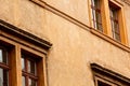 Prague, Czech Republic. 10.05.2019: Close-up view of the facade with windows of old historical buildings in Prague. Photo of