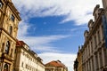 Prague, Czech Republic. 10.05.2019: Close-up view of the facade with windows of old historical buildings in Prague. Retro, old- Royalty Free Stock Photo