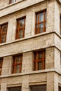 Prague, Czech Republic. 10.05.2019: Close-up view of the facade with windows of old historical buildings in Prague. Retro, old- Royalty Free Stock Photo