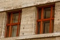 Prague, Czech Republic. 10.05.2019: Close-up view of the facade with windows of old historical buildings in Prague. Retro, old- Royalty Free Stock Photo