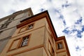 Prague, Czech Republic. 10.05.2019: Close-up view of the facade with windows of old historical buildings in Prague. Retro, old- Royalty Free Stock Photo