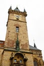 Prague, Czech Republic. 10.05.2019: Close-up view of the facade with windows of old historical buildings in Prague. Retro, old- Royalty Free Stock Photo