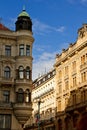 Prague, Czech Republic. 10.05.2019: Close-up view of the facade with windows of old historical buildings in Prague. Retro, old- Royalty Free Stock Photo