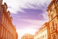 Prague, Czech Republic. 10.05.2019: Close-up view of the facade with windows of old historical buildings in Prague. Retro, old- Royalty Free Stock Photo