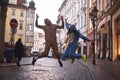 11/23/2017. Prague, Czech Republic. A couple in funny costumes walks around the city, going crazy