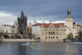 Charles Bridge Prague with Police boat on patrol Royalty Free Stock Photo