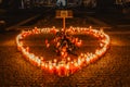 Prague, Czech Republic - December 18, 2020. Heart made of candles in memory of Vaclav Havel, Czech statesman, writer and first