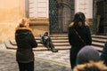 Prague, Czech Republic December 24, 2016 - Homeless hungry poor man sitting on the sidewalk in the city center. Unhappy Royalty Free Stock Photo