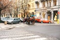 Prague, Czech Republic, December 24, 2016: Horseback riding in a coach in Prague. Entertainment of tourists in Christmas