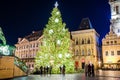 Prague, Czech republic - December 29, 2021. Night photo of Old Town Square without Christmas markets banned due Coronavirus caused Royalty Free Stock Photo