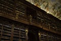 Prague: old library with a lot of books inside decorated shelves and a frescoed ceiling Philosophical hall, Strahov Library