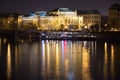 Rudolfinum concert hall at the Vltava riverbank in Prague by night