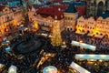 Christmas market in Old Town of Prague as seen from above.