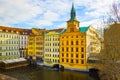 Prague, Czech Republic - December 31, 2017: Vltava river embankment and Smetana Museum, view from the Charles Bridge Royalty Free Stock Photo