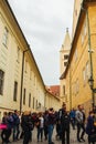 Prague, Czech Republic. 10.05.2019: Detail of the yellow facade of a historic building in the old town of beautiful Prague, Czech Royalty Free Stock Photo