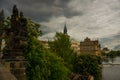 Prague, Czech Republic: Beautiful view of the old town. Panoramic landscape with houses, churches, trees and a river