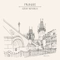 Prague, Czech Republic, Europe. Charles Bridge Karluv Most. Prague famous landmark. Retro travel sketch. Hand drawn vintage