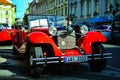 Prague, Czech Republic-February 25,2019: Retro red car parked in the city center Royalty Free Stock Photo