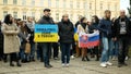 PRAGUE, CZECH REPUBLIC, FEBRUARY 24, 2022: Russian military attack demonstration people crowd against war Russia Ukraine