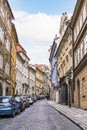 Prague, Czech Republic - February 23, 2023: View of a street of Mala Strana wich is a part of the city of Prague with plenty of