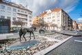 Prague, Czech Republic - February 17, 2017. Wuchterlova street with horses sculptures in Dejvice quarter