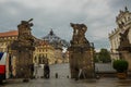 Prague, Czech Republic: Guards at the Battling Titans statues at gate to First Courtyard at Hrad Castle with Archbishops Palace Royalty Free Stock Photo