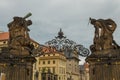 Prague, Czech Republic: Guards at the Battling Titans statues at gate to First Courtyard at Hrad Castle with Archbishops Palace Royalty Free Stock Photo