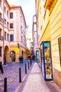 PRAGUE, CZECH REPUBLIC - 1.12.2018: Historical aisle in Prague town center. Shops and restaurant in centre of czech capital Royalty Free Stock Photo